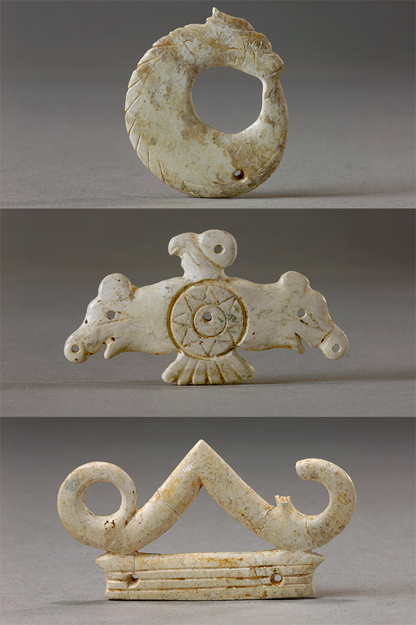 玉龙(上)、玉鹰(中)和玉冠饰(下)。国家文物局供图